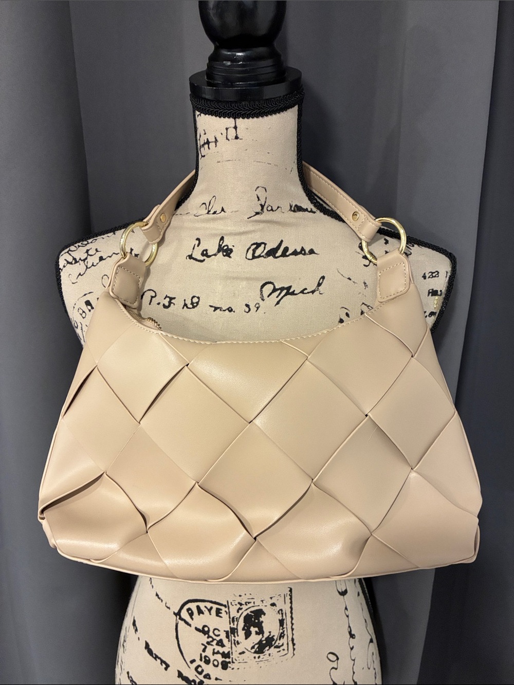Woven Cream Shoulder Bag with Gold Hardware